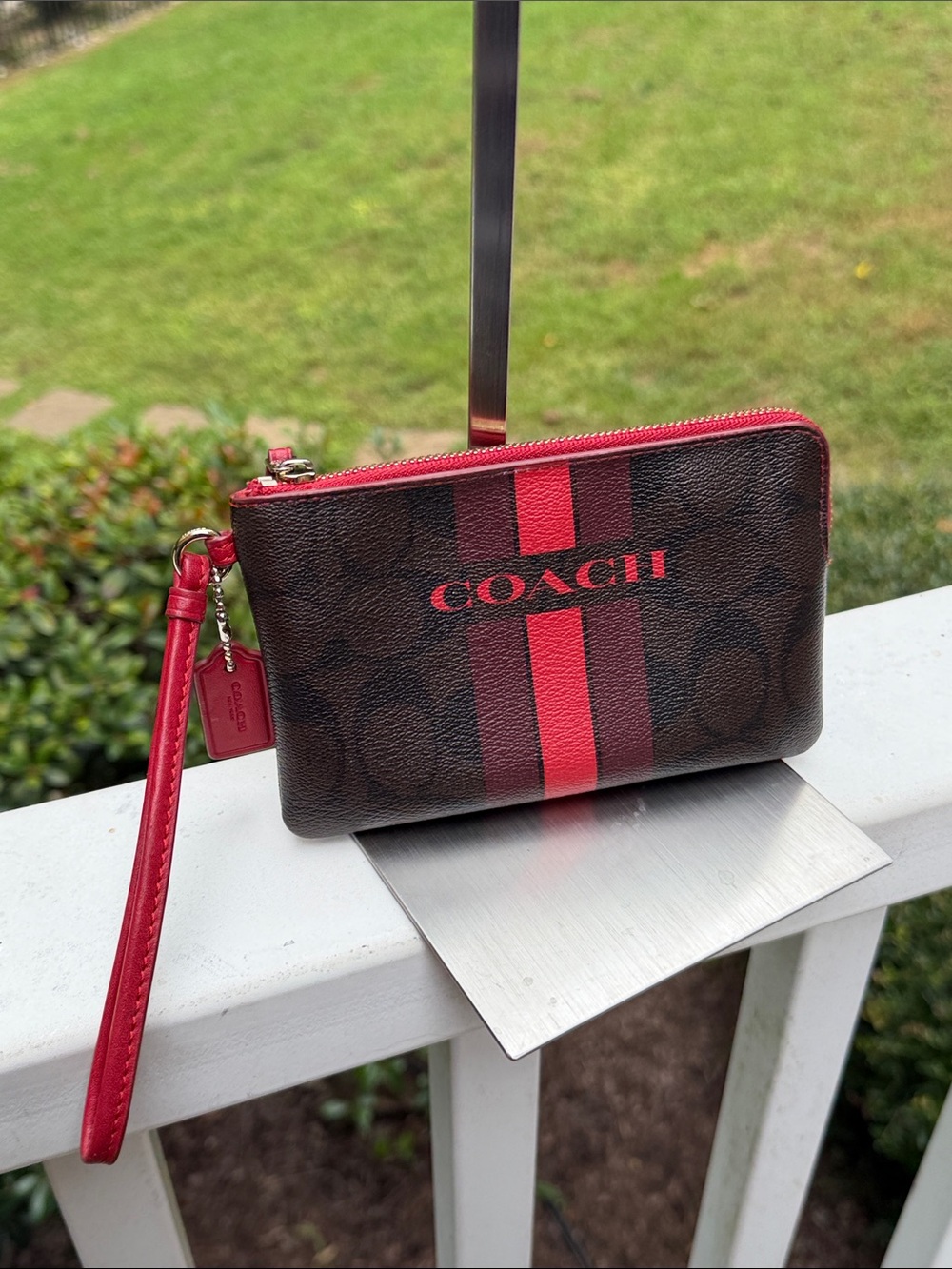 COACH Signature Stripe Zip Wristlet in Brown and Red - Picture 3 of 16